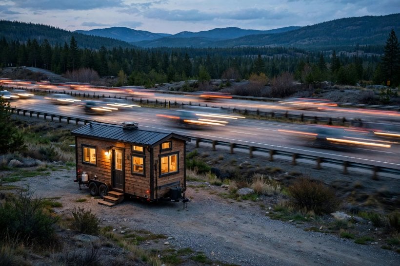 tiny house soundproofing: tiny house parked beside a busy highway at dusk