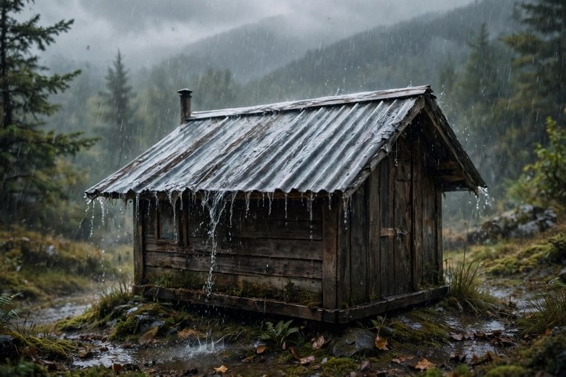tiny house soundproofing: heavy rain drumming on a corrugated metal roof