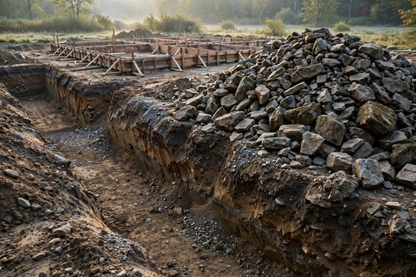 Free Landscaping Rocks: excavated fieldstone piled at a construction site ready for hauling