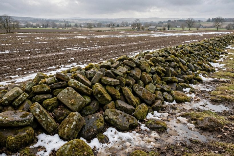 Free Landscaping Rocks: a weathered fieldstone pile at the edge of a farm field