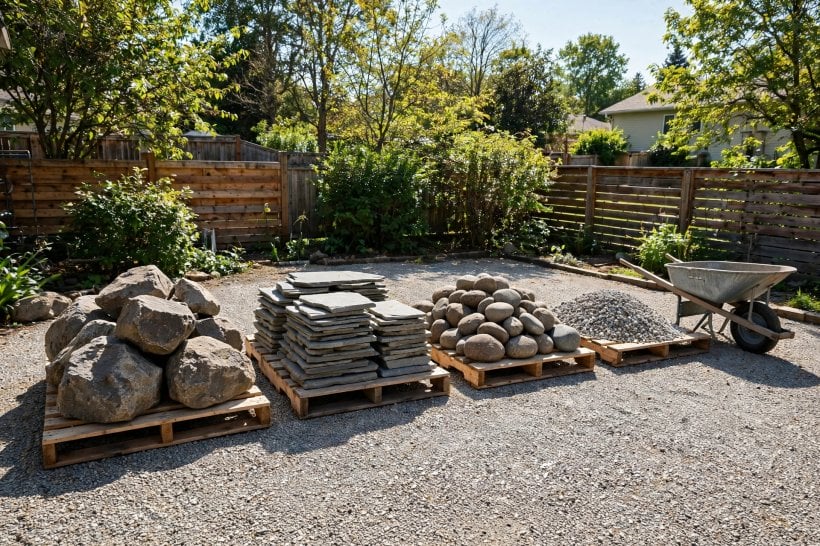 Free Landscaping Rocks: sorted stone piles on pallets in a home stone yard