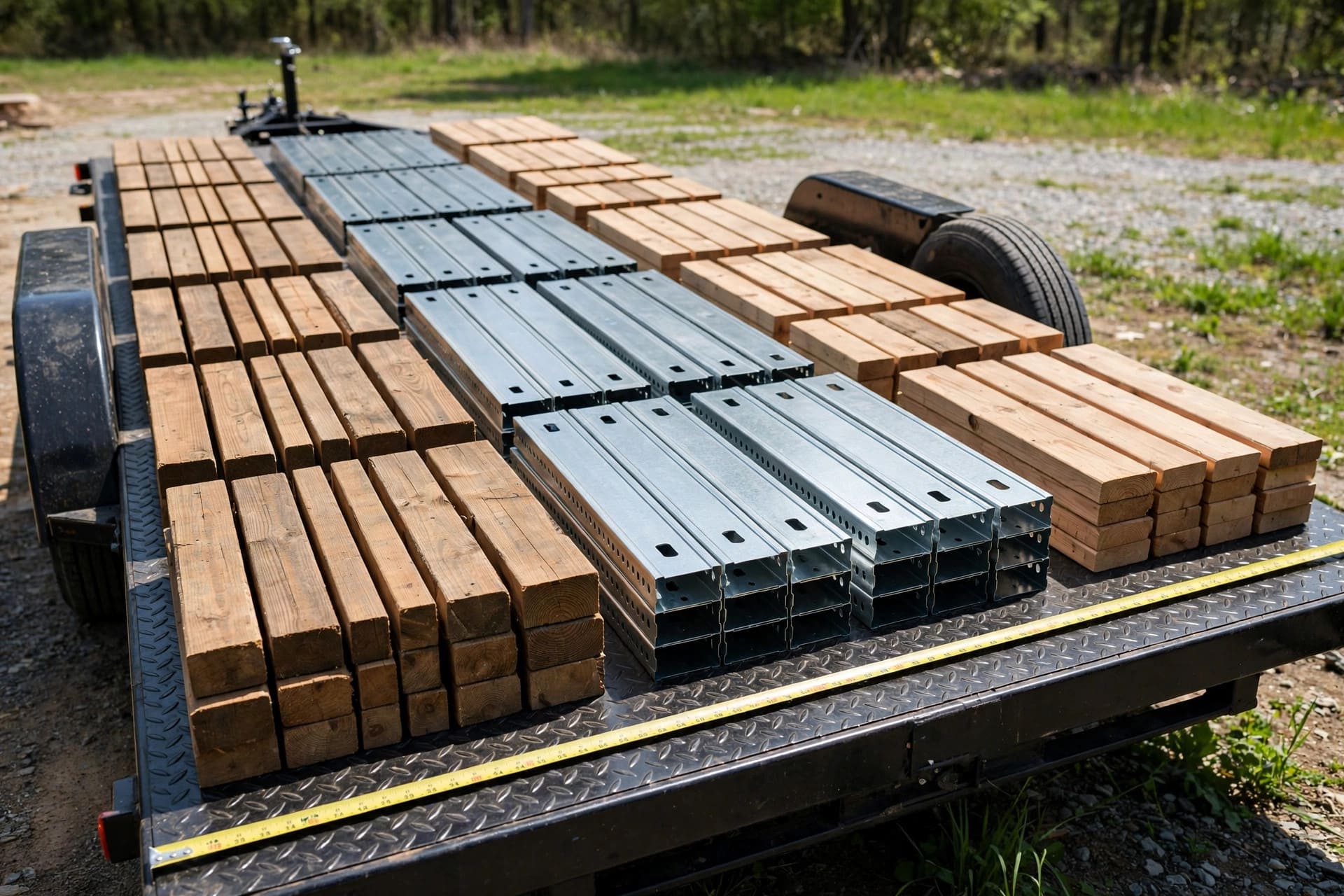steel vs wood framing weight: studs and plates laid out on a trailer deck ready for weighing