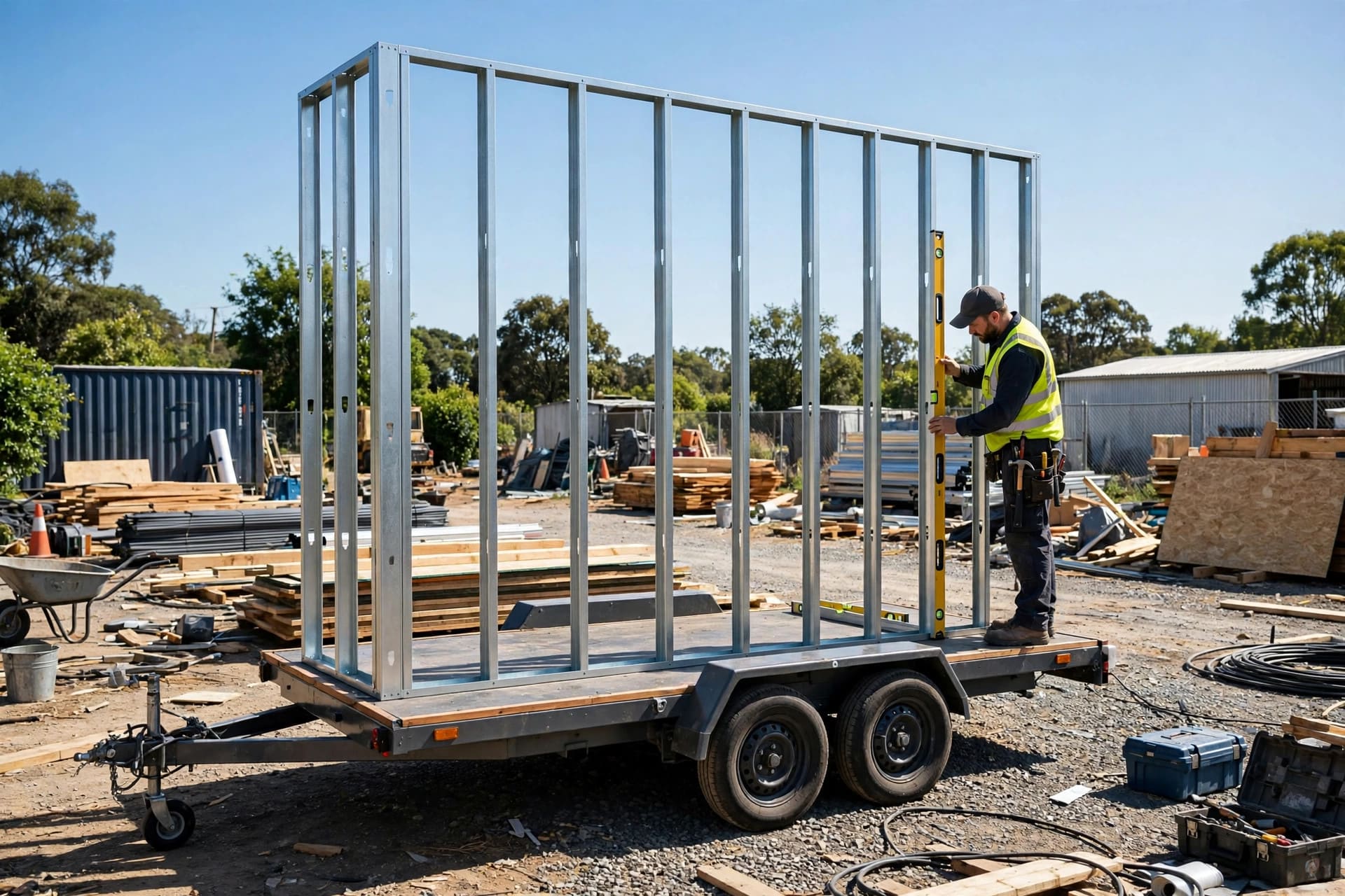 steel vs wood framing weight: light-gauge steel stud wall framed straight on a tiny house trailer
