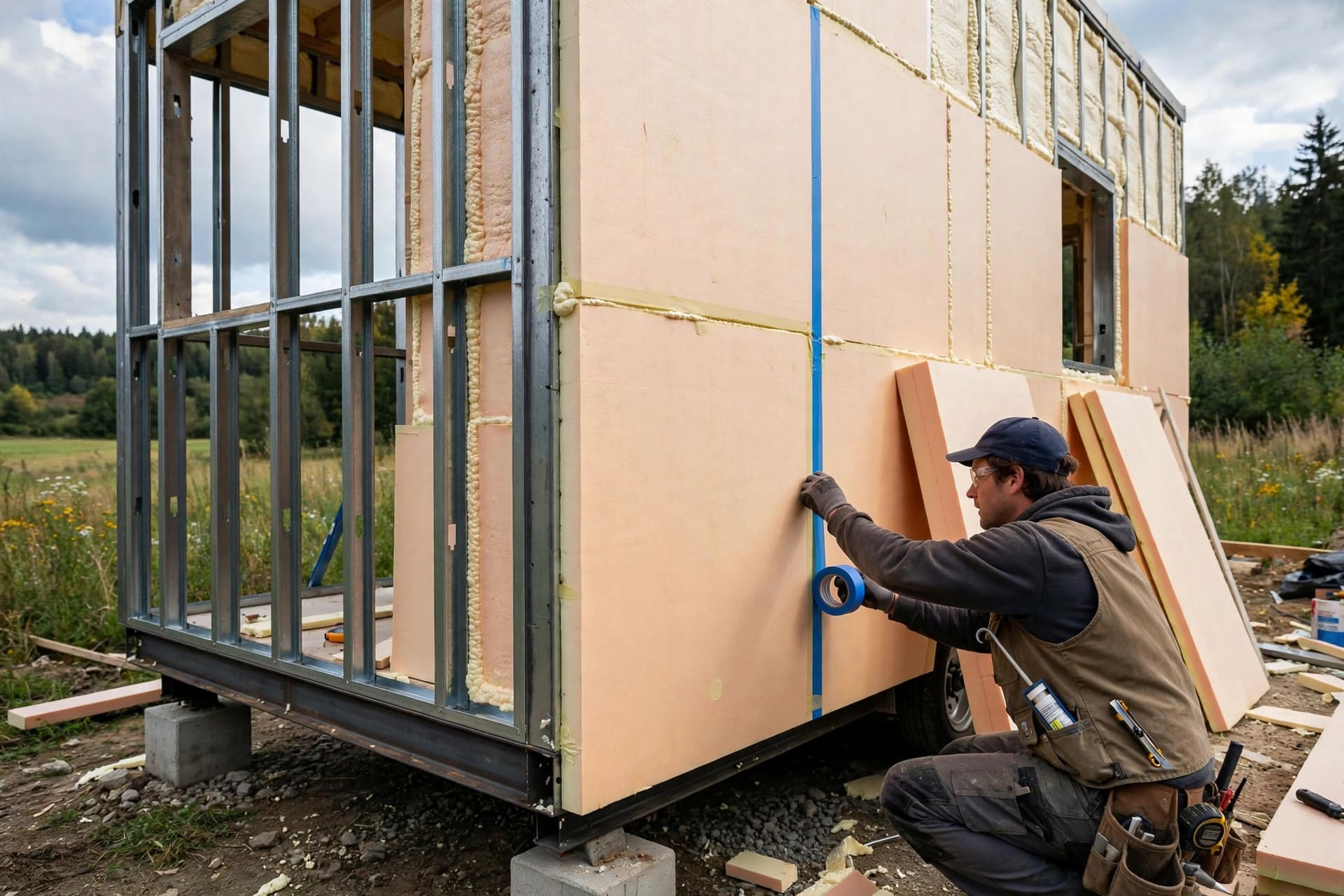 steel vs wood framing weight: continuous exterior insulation fitted as a thermal break over steel framing