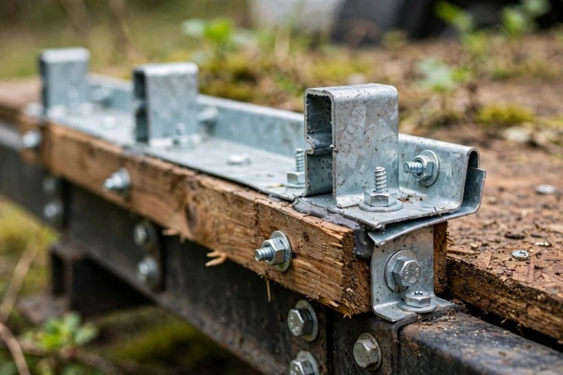 steel vs wood framing weight: close detail of galvanised stud ends and timber base plates protected at the trailer edge