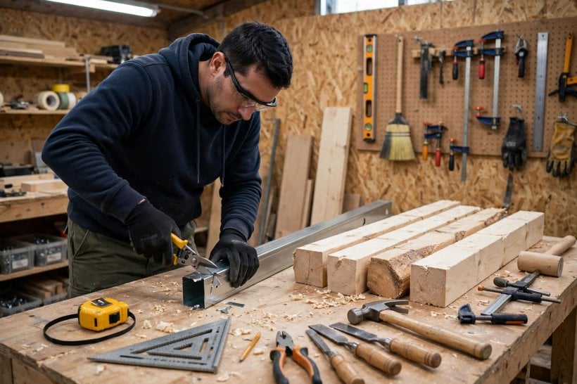 steel vs wood framing weight: builder cutting a steel stud with snips beside sawn timber studs and hand tools