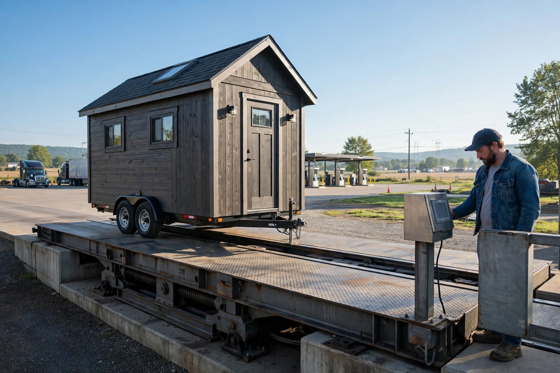 steel vs wood framing weight: finished tiny house on a trailer at a weighbridge being checked before towing
