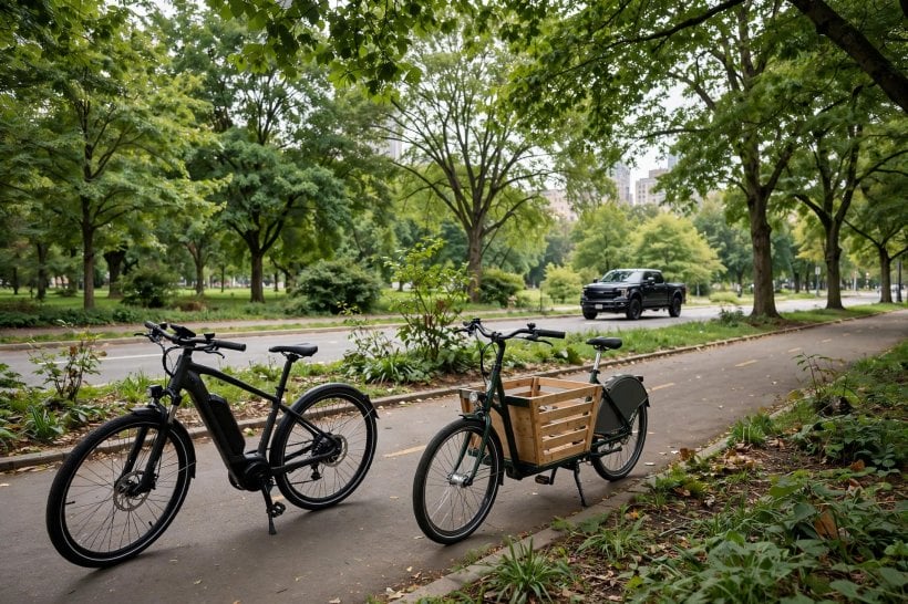 Sustainable Living Quiz: an e-bike and cargo bike beside the truck they can replace for daily trips