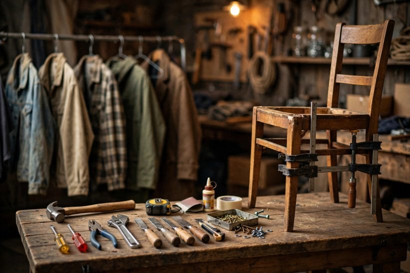 Sustainable Living Quiz: a repair workbench and secondhand clothes — the fix-and-reuse end of the goods domain