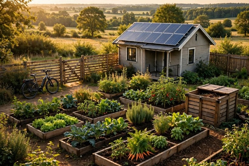 Sustainable Living Quiz: solar roof, vegetable garden, e-bike and compost — the highest-leverage moves stacked in one yard