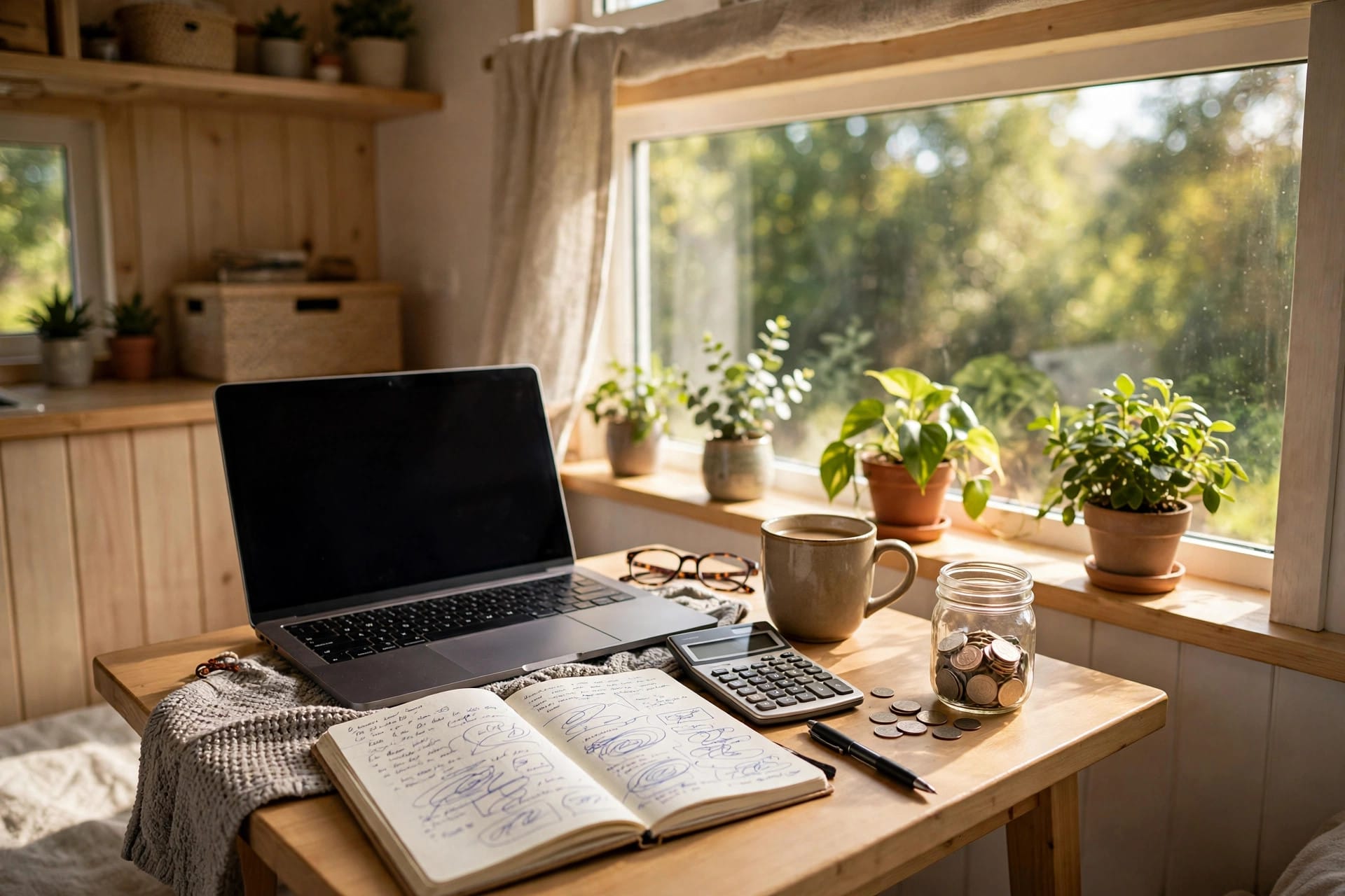 the pros and cons of living in a tiny house: a tiny house desk with a budget notebook, calculator and coin jar