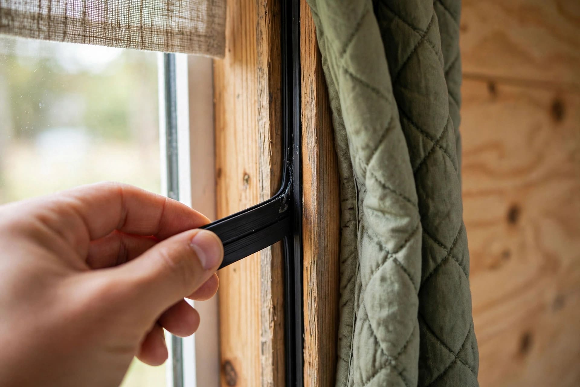 thermal curtain calculator: magnetic strip sealing the edge of a window quilt to its frame