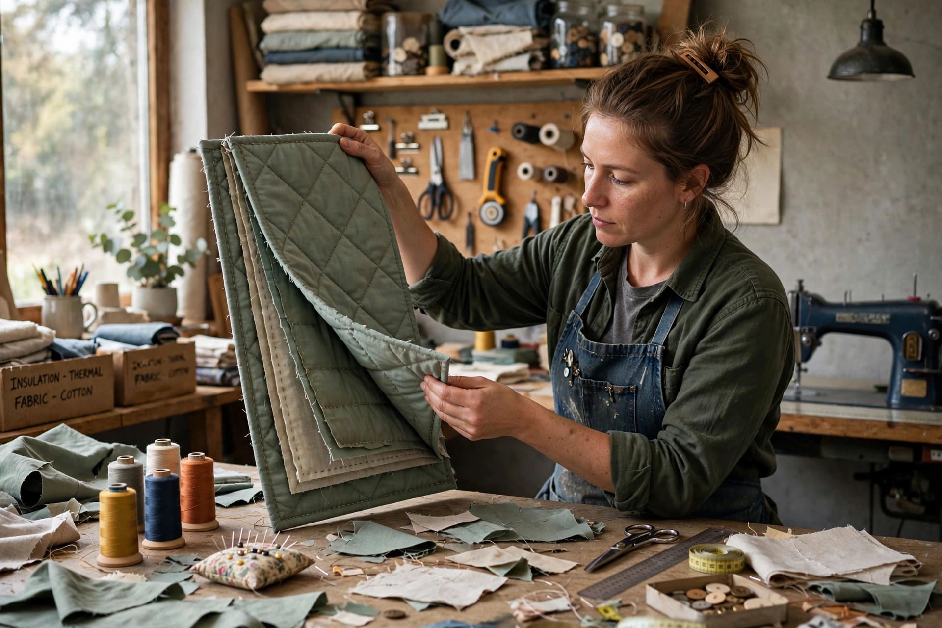 thermal curtain calculator: checking a handmade window quilt panel as part of the seasonal routine