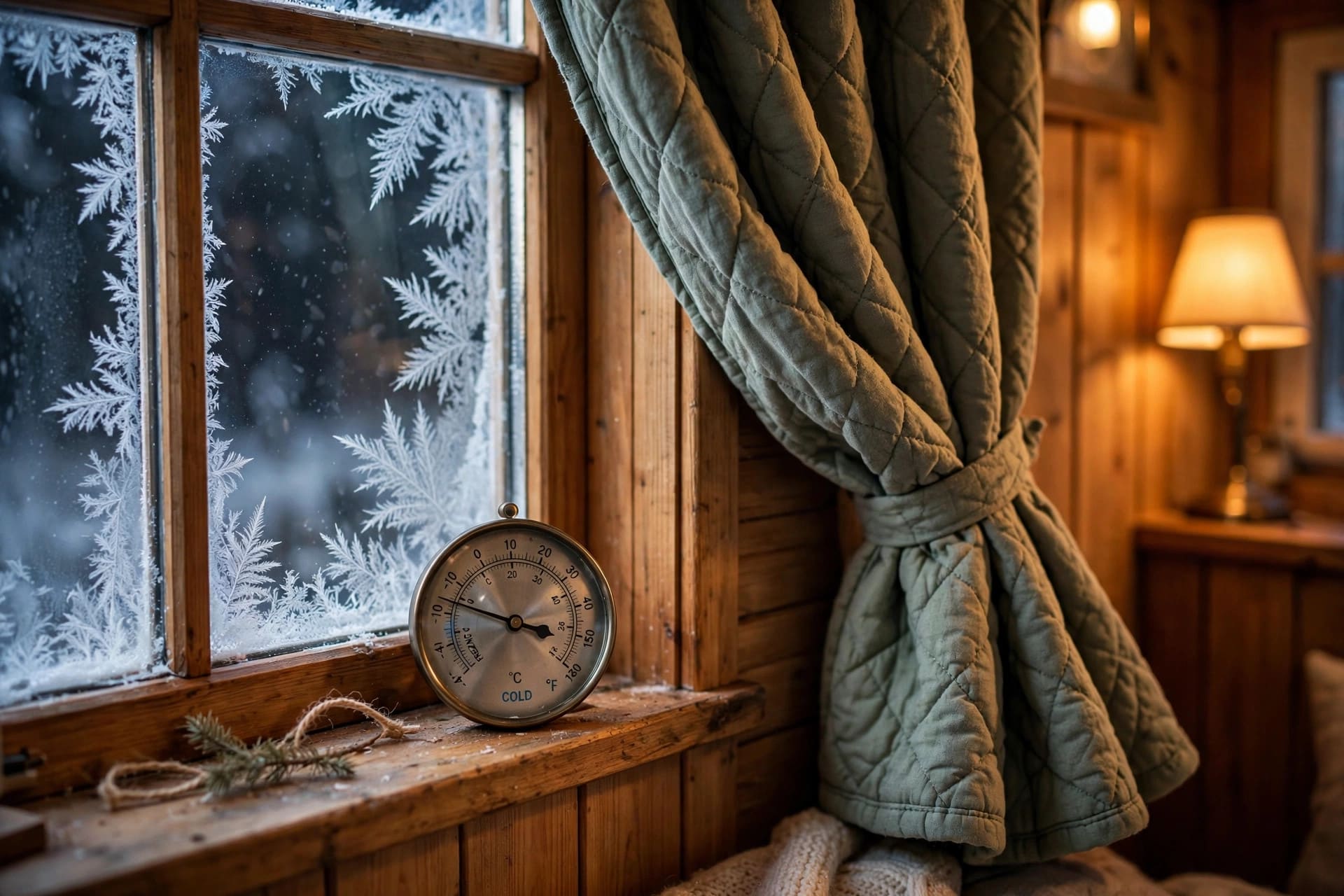 thermal curtain calculator: a thermometer on the windowsill beside a drawn thermal curtain