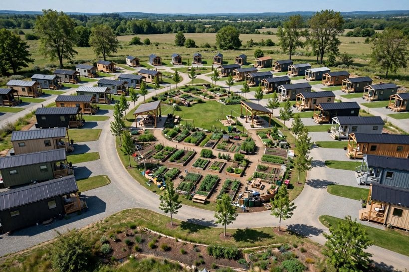 tiny home communities: aerial view of a tiny house village layout with shared gardens