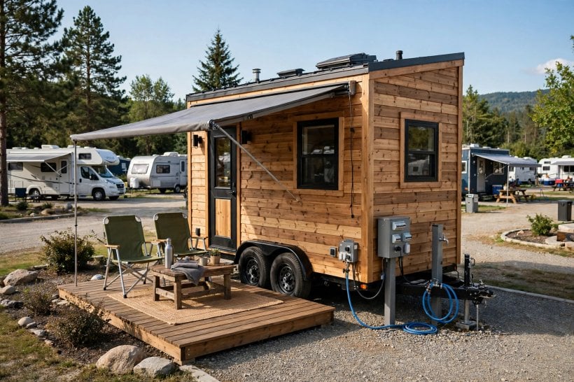 tiny home communities: tiny house on wheels connected to full hookups at an RV park site