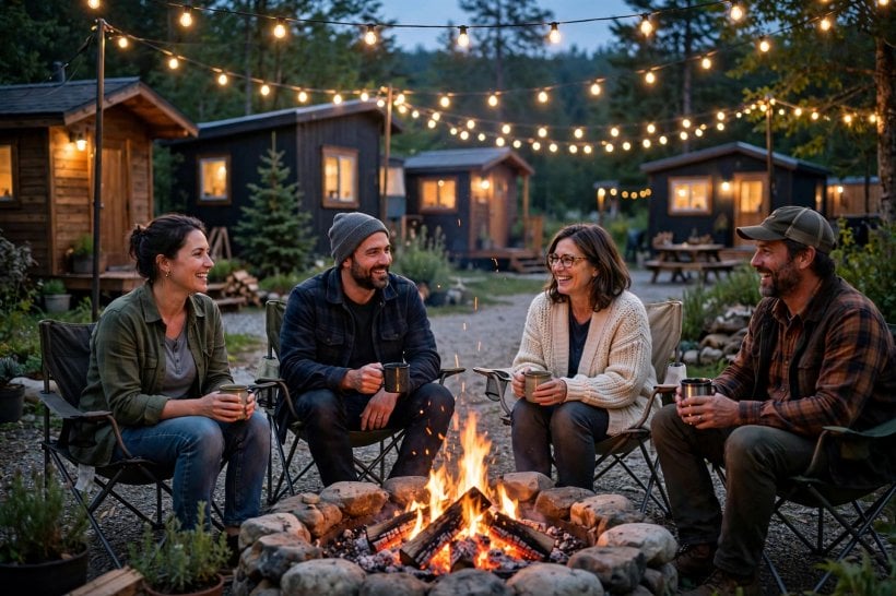 tiny home communities: neighbors gathered around a fire pit in a village common area