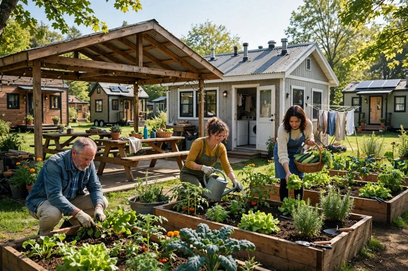tiny home communities: shared community garden and pavilion inside a tiny house village