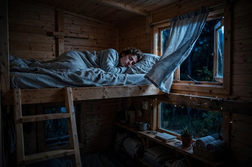 tiny house air quality simulator: person sleeping in a tiny house loft with the window cracked open