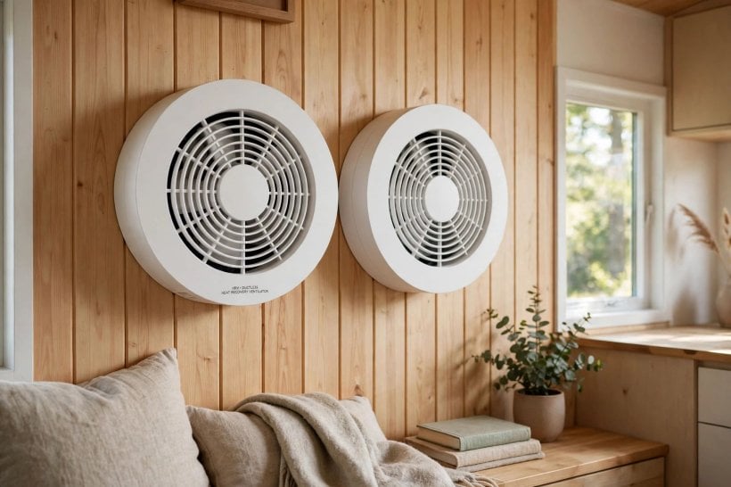 tiny house air quality simulator: pair of through-wall HRV ventilator units inside a tiny house