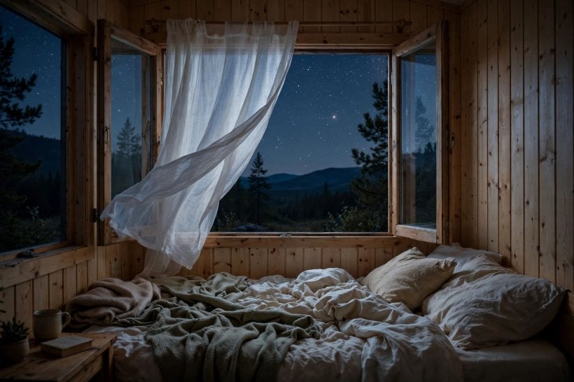 tiny house air quality simulator: open window letting night air into a tiny house bedroom