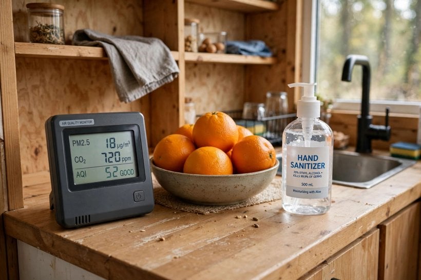 tiny house air quality simulator: cheap eCO2 monitor on a kitchen counter beside oranges and hand sanitizer