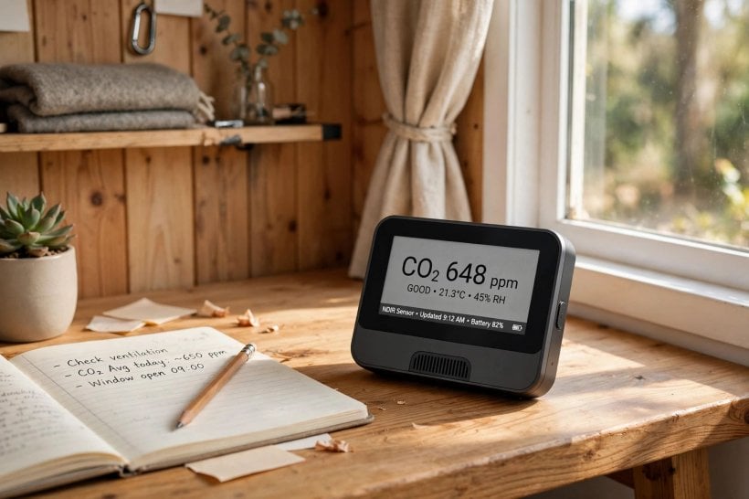 tiny house air quality simulator: premium NDIR CO2 monitor on a desk inside a tiny house