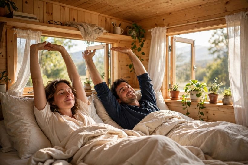 tiny house air quality simulator: couple waking up refreshed in a bright, well-ventilated tiny house