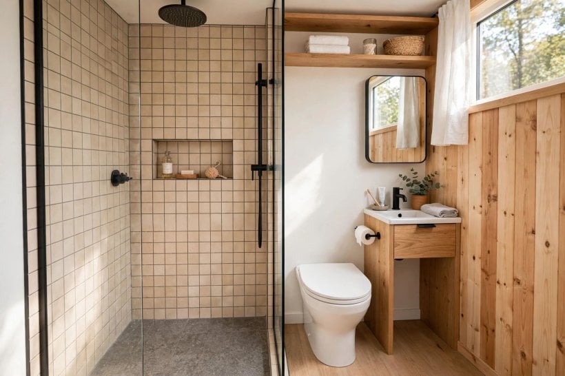 Tiny House Bathroom Layouts: a split wet-dry bathroom divided by a glass panel