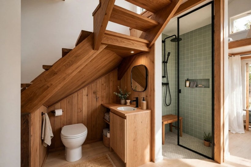 Tiny House Bathroom Layouts: a toilet and sink fitted under a loft staircase