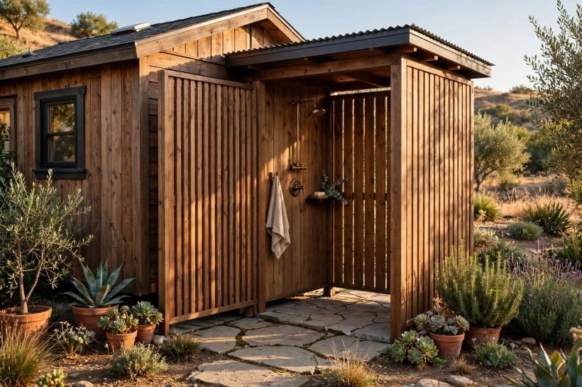 Tiny House Bathroom Layouts: an enclosed outdoor shower beside a tiny house