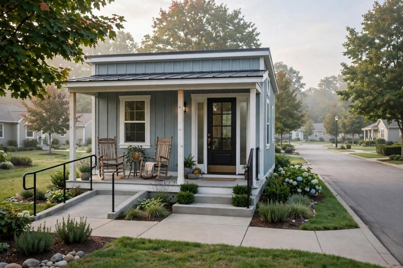 tiny house communities for seniors: single-story tiny house with a zero-step entrance, gentle ramp and covered porch with rocking chairs