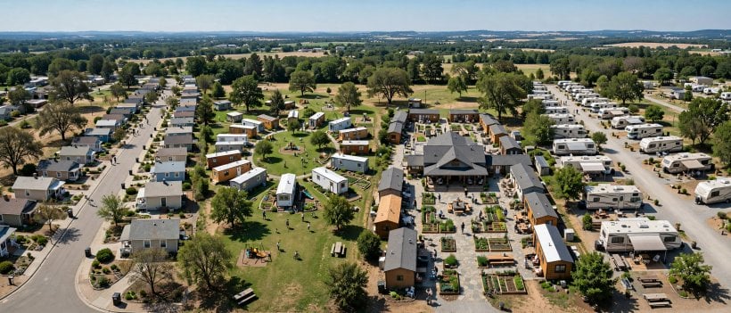 tiny house communities for seniors: panorama of community models from a 55+ village street to a cohousing courtyard and an RV park row