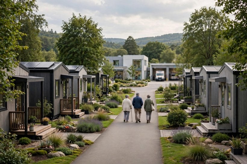 tiny house communities for seniors: tiny house community lane with a hospital and pharmacy within easy reach at the end of the street