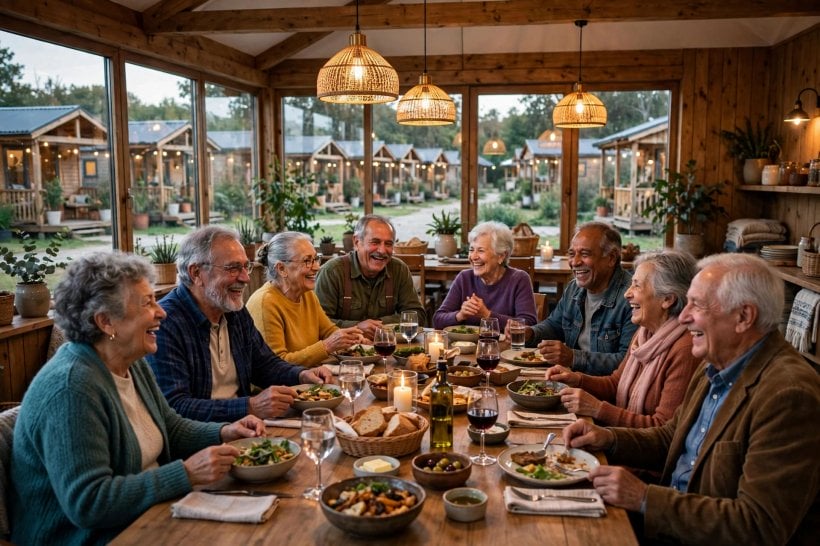 tiny house communities for seniors: seniors sharing a communal dinner at a long table inside a warm community common house