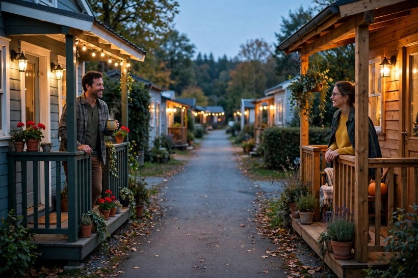 tiny house communities for seniors: neighbours chatting across their front porches in the evening under warm porch lights