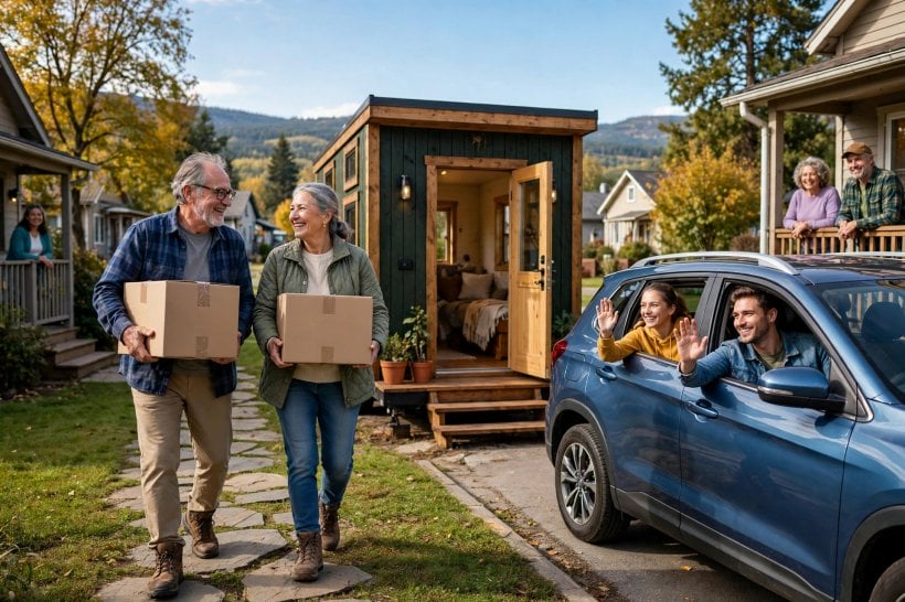 tiny house communities for seniors: senior couple carrying the last moving boxes into their new tiny house on moving day