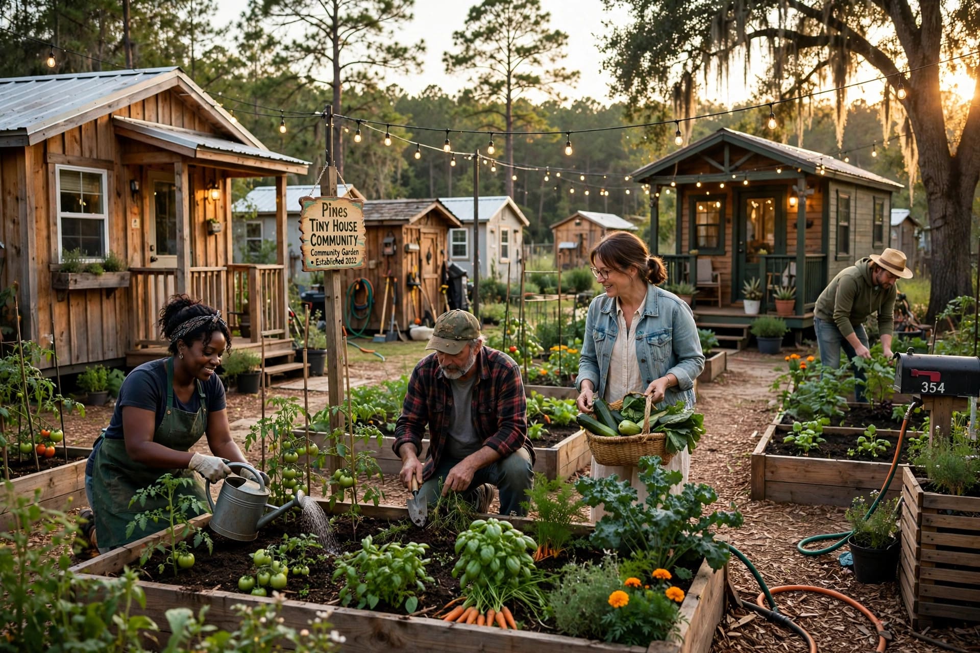 tiny house communities in Alabama: neighbors tending a shared community garden between the cottages