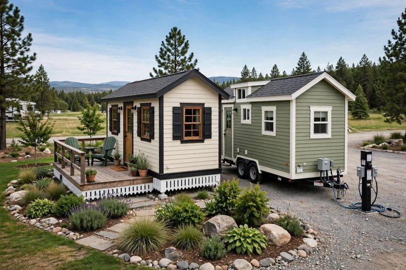 tiny house communities vs RV parks: a skirted tiny house settled on a landscaped community lot beside a tiny house hooked up at a gravel RV park site