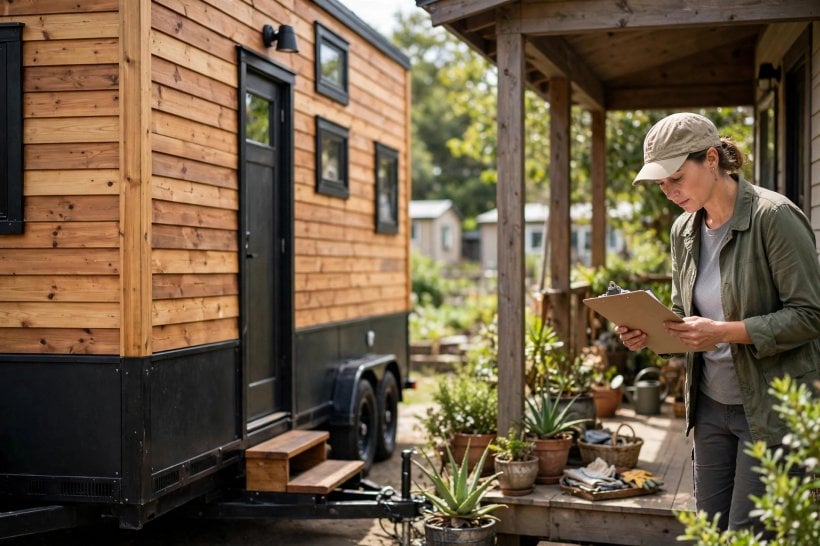 tiny house communities vs RV parks: a tiny house being checked in on arrival, where deposits, site fees and the first month are settled