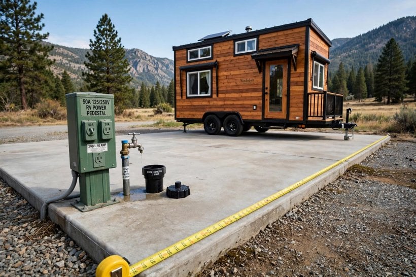 tiny house communities vs RV parks: a concrete pad with a 50-amp hookup pedestal and a tape measure checking the fit for a tiny house