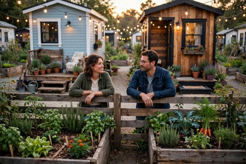 tiny house communities vs RV parks: neighbors talking over a shared garden fence between two tiny houses in a community