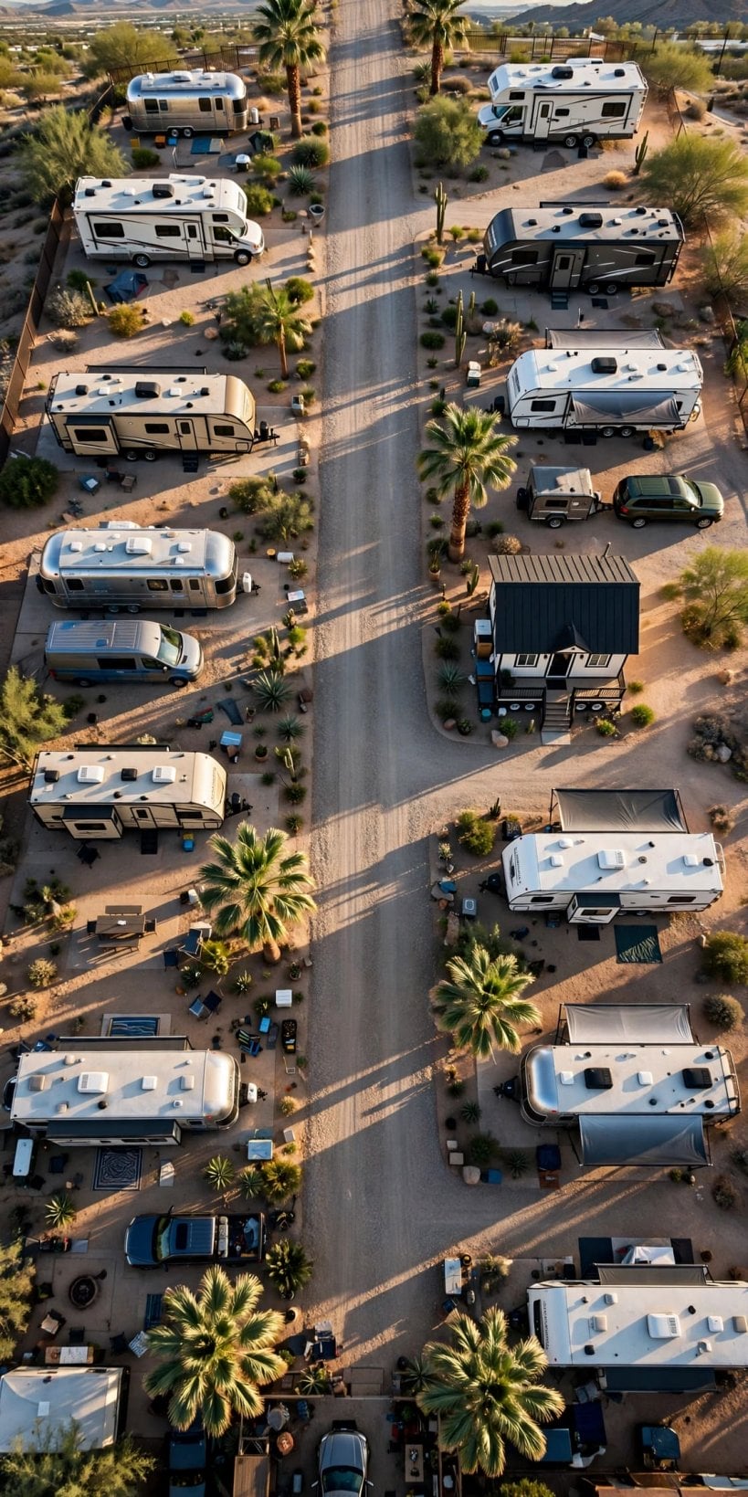 tiny house communities vs RV parks: rows of RV park sites stretching into the distance, the abundance that makes a spot available tonight