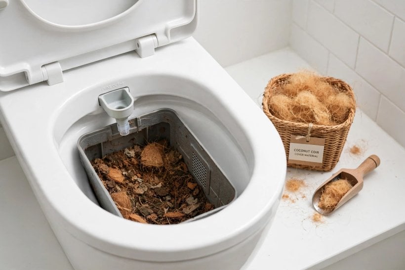 tiny house composting toilets: the solids chamber, urine diverter and carbon cover material inside a working unit