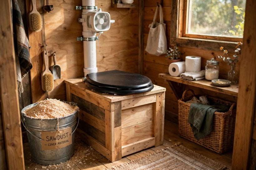 tiny house composting toilets: a neatly built DIY urine-diverting toilet with diverter seat and vent fan