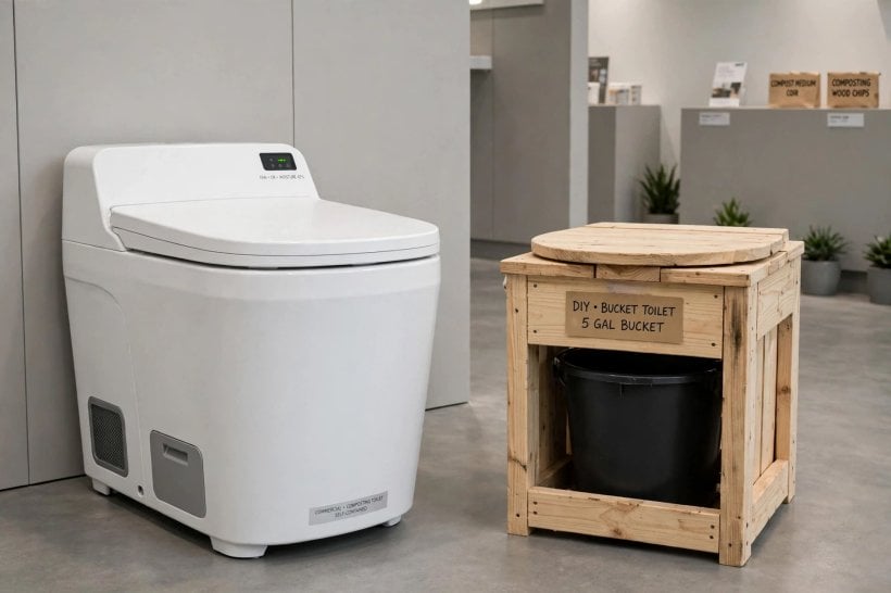 tiny house composting toilets: a commercial self-contained unit and a DIY build compared side by side in one bathroom
