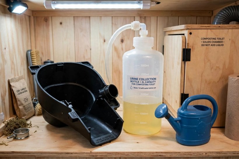 tiny house composting toilets: the urine diverter and bottle, the most frequently serviced part of the system