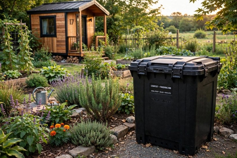 tiny house composting toilets: a sealed outdoor compost finishing bin beside ornamental plantings