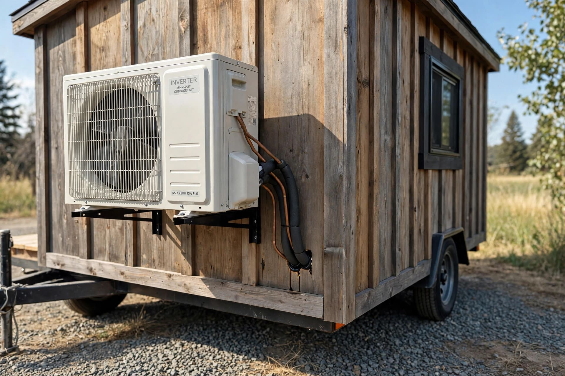 tiny house cooling analyzer: outdoor condenser unit of a mini-split mounted on the exterior wall