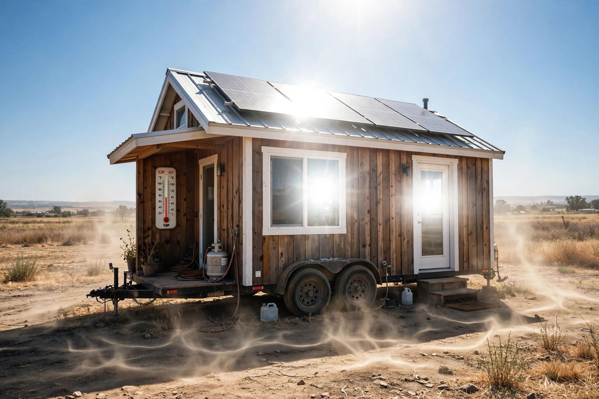 tiny house cooling analyzer: tiny house under intense midday sun with heat rising off the roof
